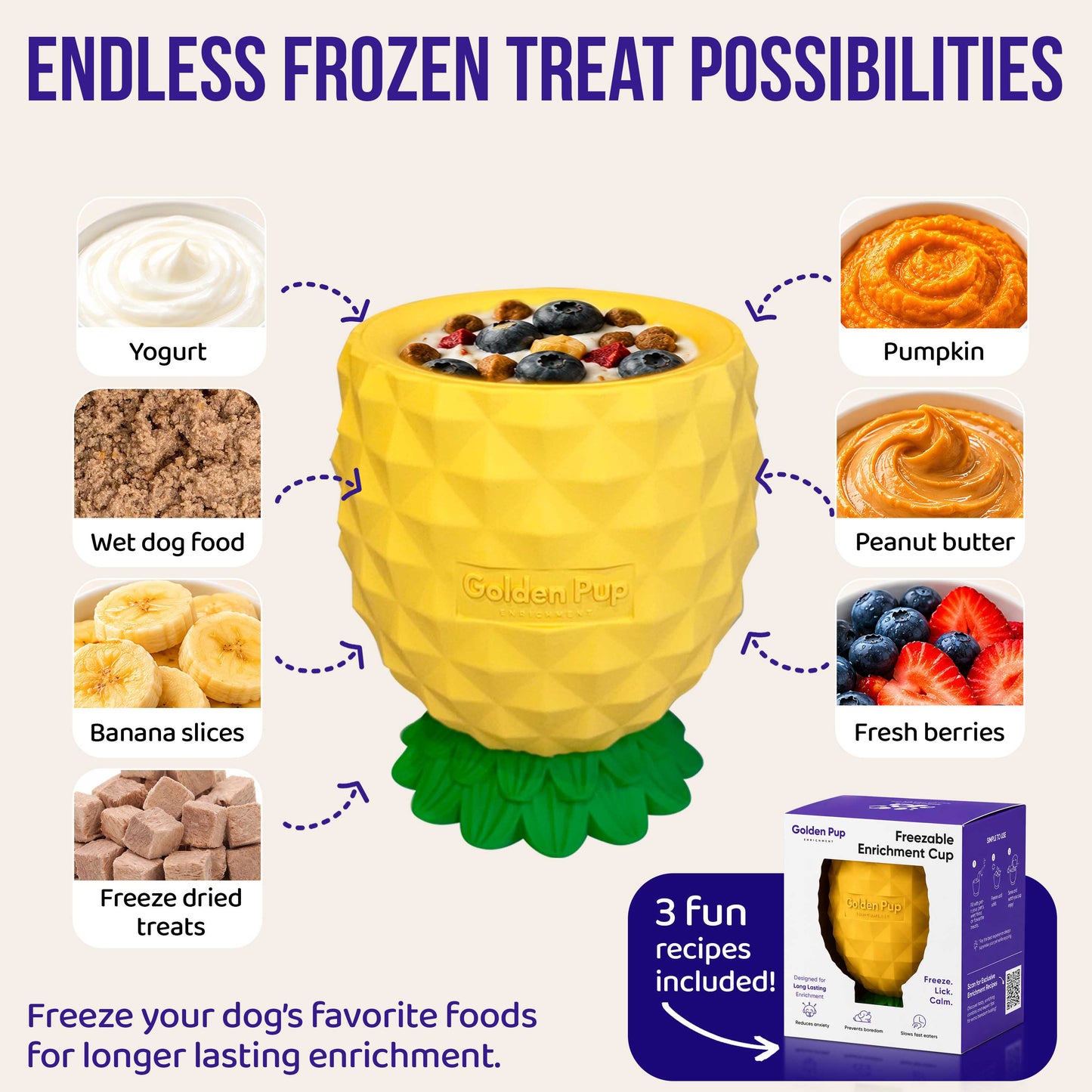 Freezable Pineapple Enrichment Cup | Calming Frozen Slow Feeder & Enrichment Toy for Dogs